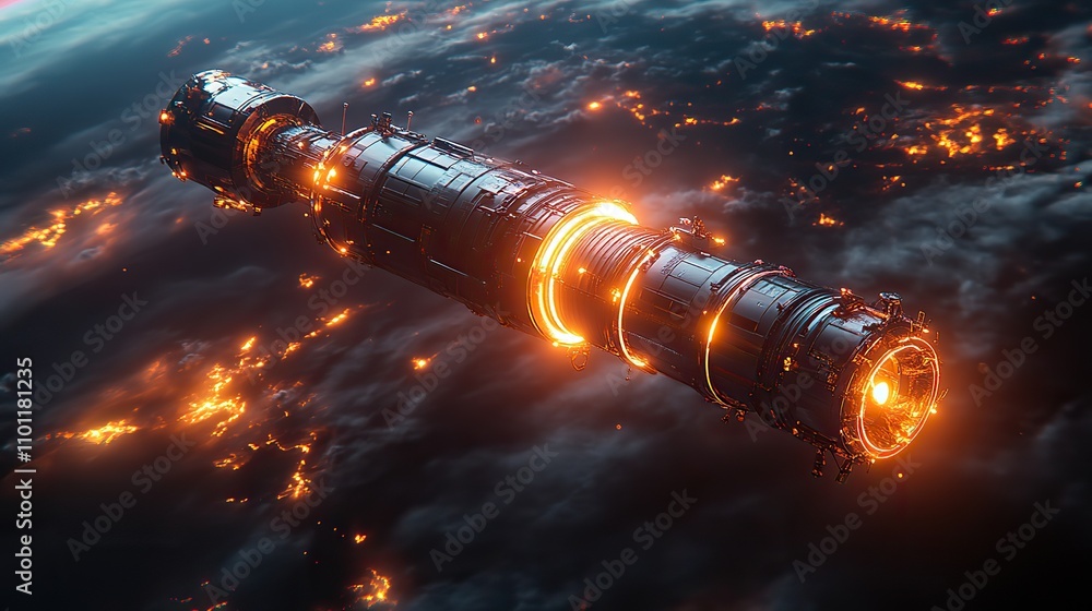 Poster artificial satellite with dark neon light effect rendering