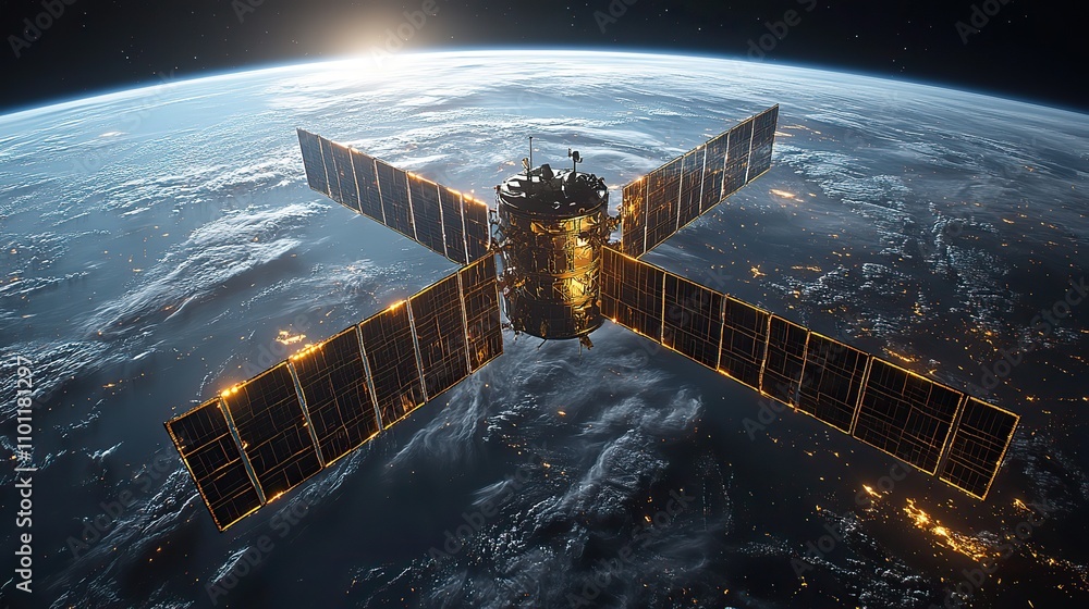 Poster artificial satellite with dark neon light effect rendering