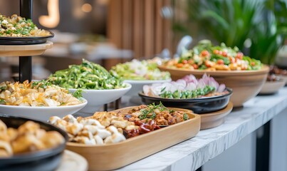Fototapeta premium Buffet serving trays filled with variety of delicious food, Generative AI 