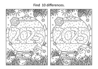 Year 2025 snow globe difference game and coloring page with cute little snowman, cheerful snowflake and outdoor winter scene
