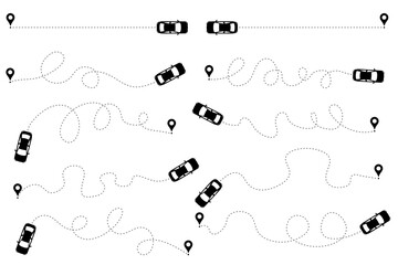 A collection of vector icons illustrating the driving route of a car with a starting point and a trajectory along a dotted line.