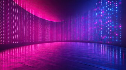 authentic concave led display for a wall or platform large tv display depicted in a with neon blue and purple dot lights stadium digital scoreboard with diode light