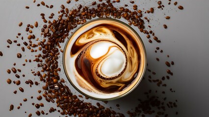 Selective focus of ice coffee mixing with milk in glass near scattered coffee grains on grey background