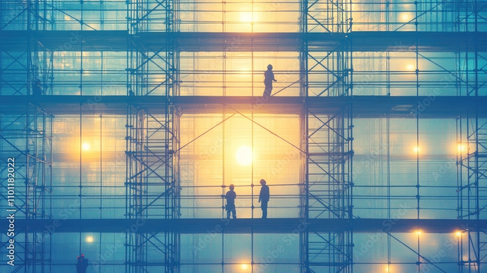 Poster silhouetted figures on a large scaffolding structure at sunset.