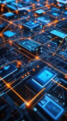 Fototapeta premium A digital circuit board with interconnected components and glowing lines.