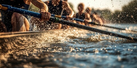 A dynamic close-up of rowers in action, splashing water as they propel their boat forward, capturing the energy of teamwork and sport.