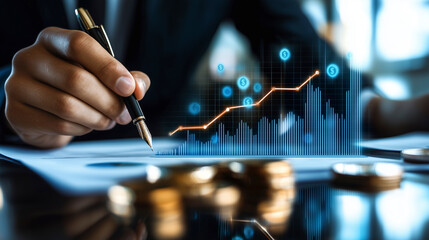 Anlageberater entwickelt eine Finanzstrategie für den Vermögensaufbau, Unternehmensberater zeigt eine Businessstrategie zur Optimierung von Umsatz und Gewinn auf, Dynamische Diagramme und Charts