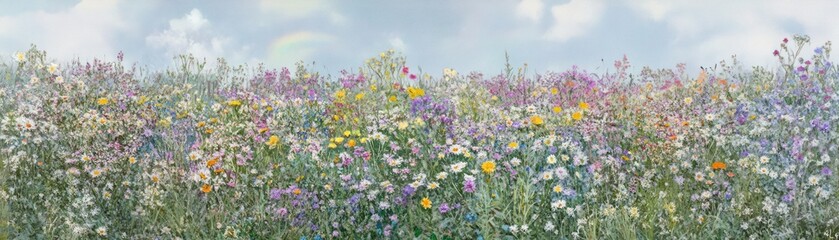 Obraz premium A vibrant field of wildflowers under a bright sky with a hint of a rainbow.