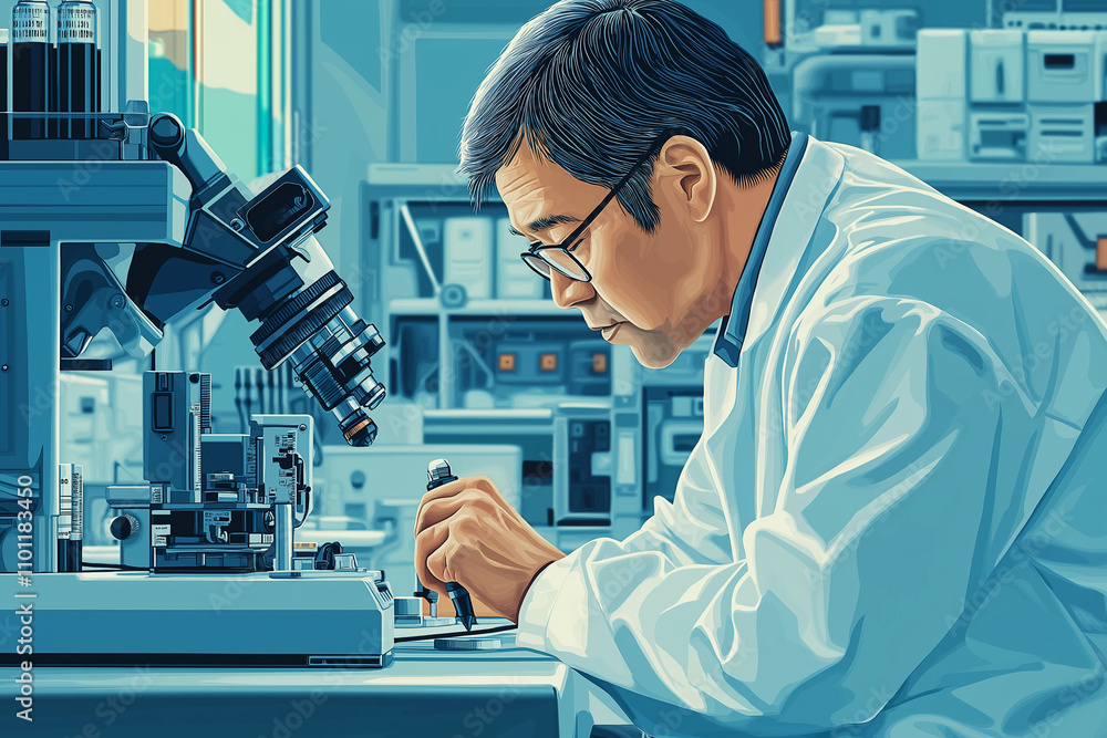 Poster scientist examines samples in laboratory setting during daytime research session. generative ai