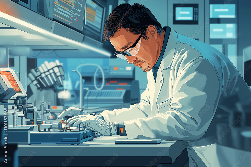 Poster scientist conducting experiments in a modern laboratory at night. generative ai