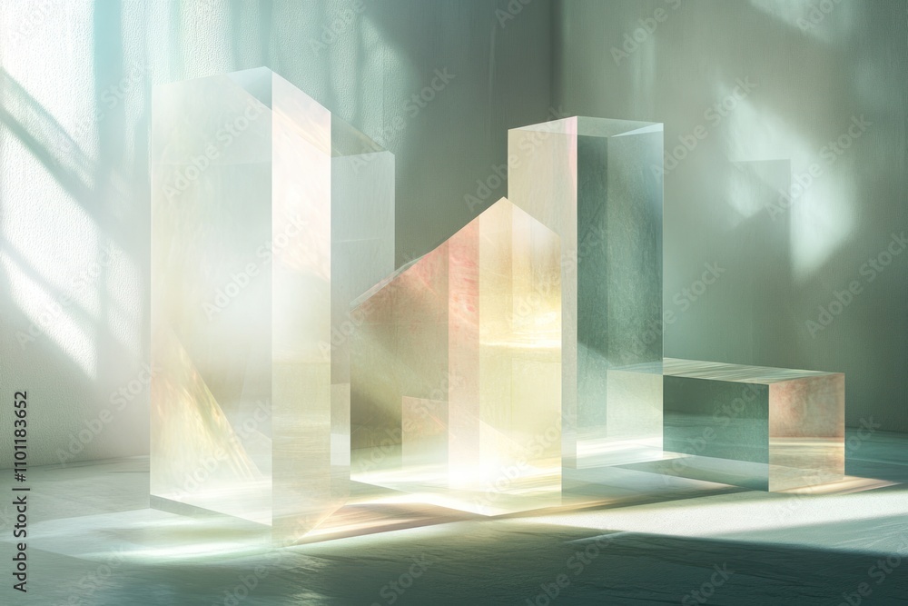 Poster Abstract glass blocks in a minimalist setting with soft light streaming in from the window.