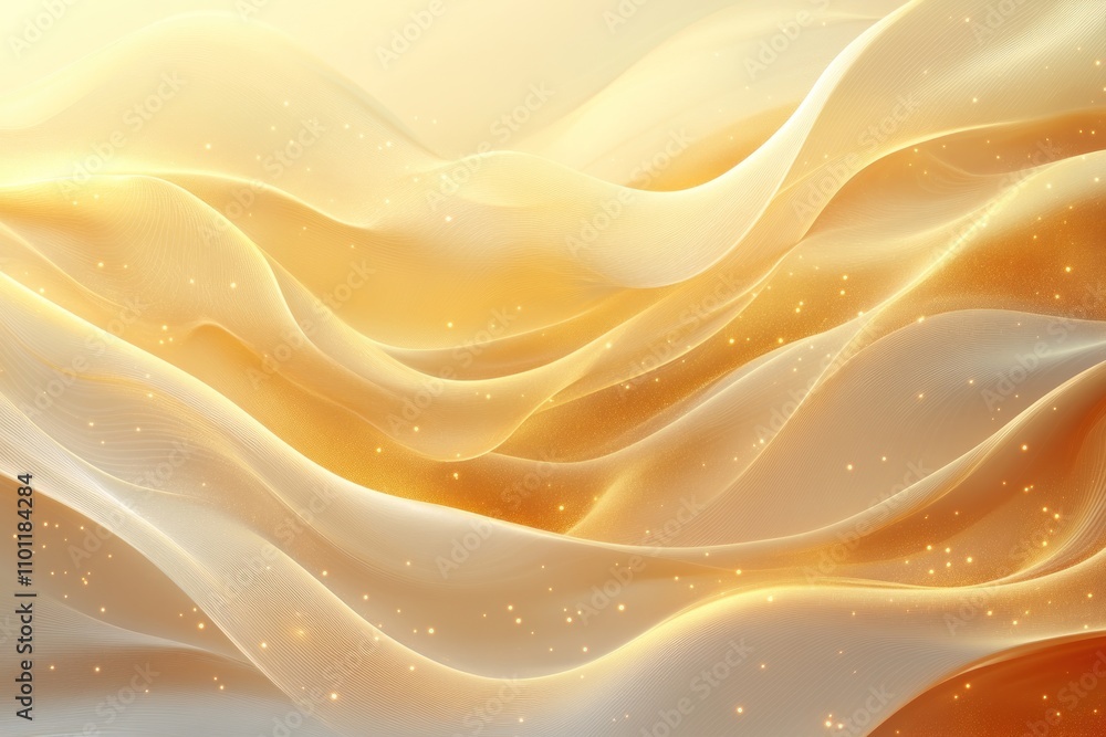 Poster abstract golden background with flowing fabric and sparkling dust.