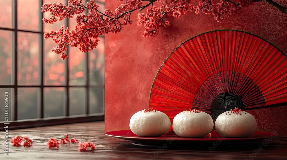 Poster baozi with red chinese ancient fan background rendering