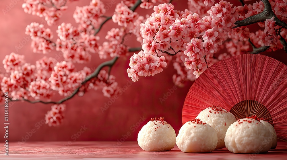 Poster baozi with red chinese ancient fan background rendering