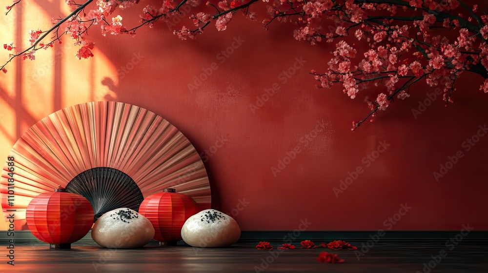 Poster baozi with red chinese ancient fan background rendering