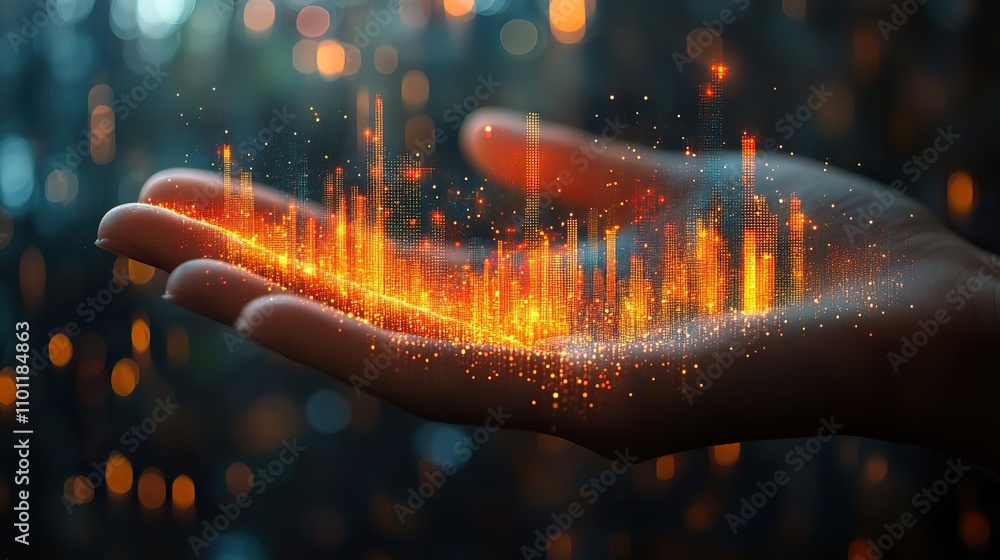 Poster bar graph with growth trend in a hand rendering