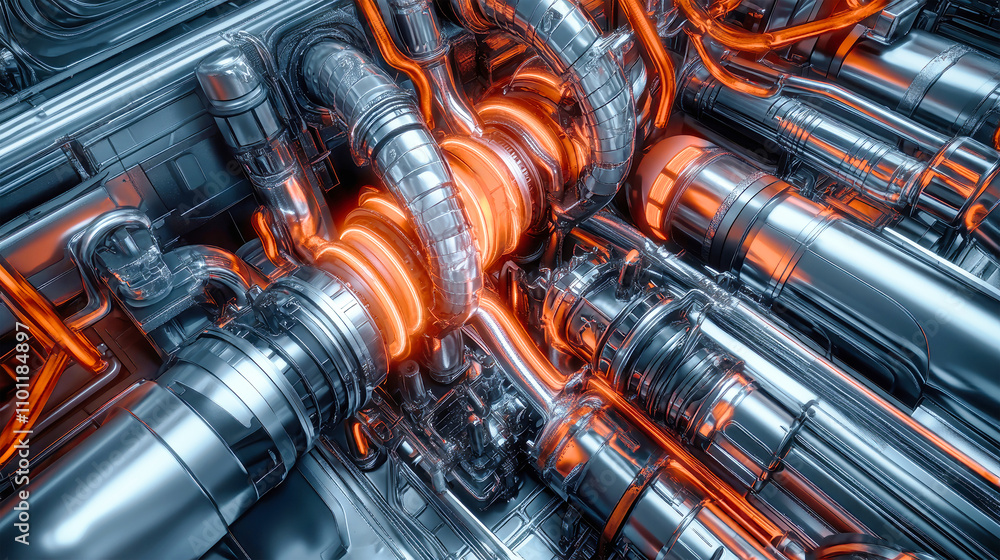 Poster explore the intricate design of engine piping in a hyper-realistic digital creation showcasing compl