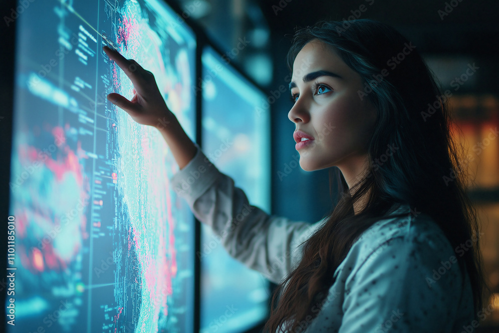 Poster young woman analyzes data on interactive display in modern workspace. generative ai