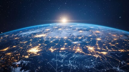 Obraz premium Earth at sunrise, city lights.