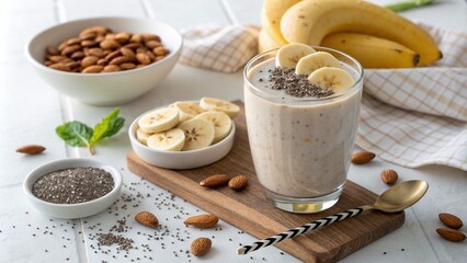 Almond milk banana smoothie with chia seeds on wooden board.