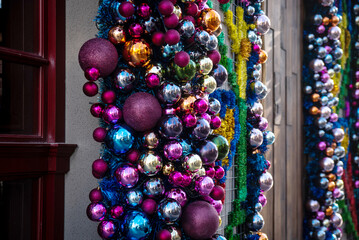 Beautiful New Year's decorations made of balls and garlands for the New Year's holiday.