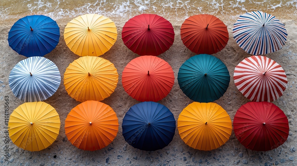 Poster beach umbrella collection top view pattern in stripes isolated from all social context