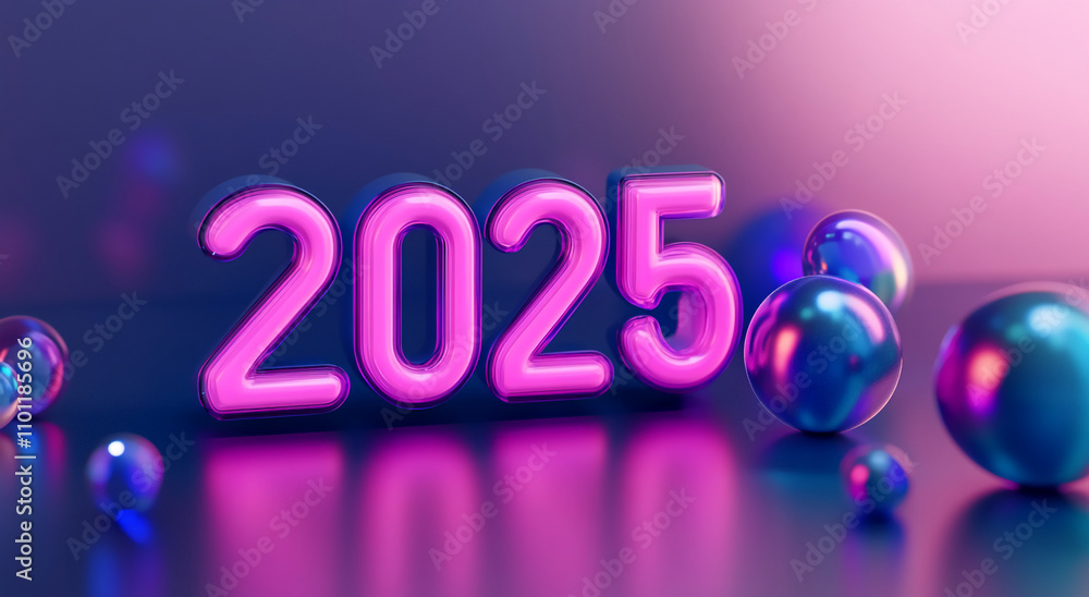 Poster bright and colorful 2025 representation with glowing numerals and reflective spheres