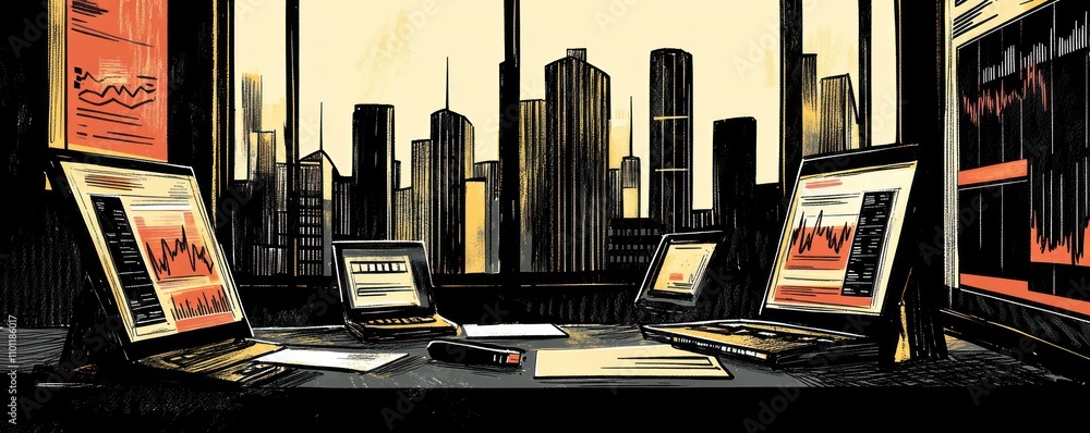 Poster a modern office with multiple screens displaying financial data and city skyline views.