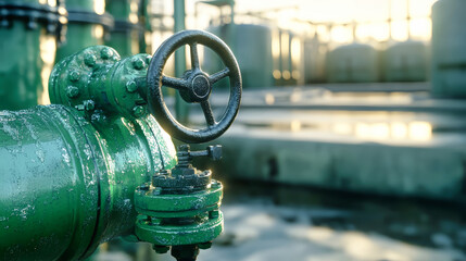 Fototapeta premium Detailed view of a green gas pipeline featuring a shiny metal valve, with a gas storage facility visible in daylight