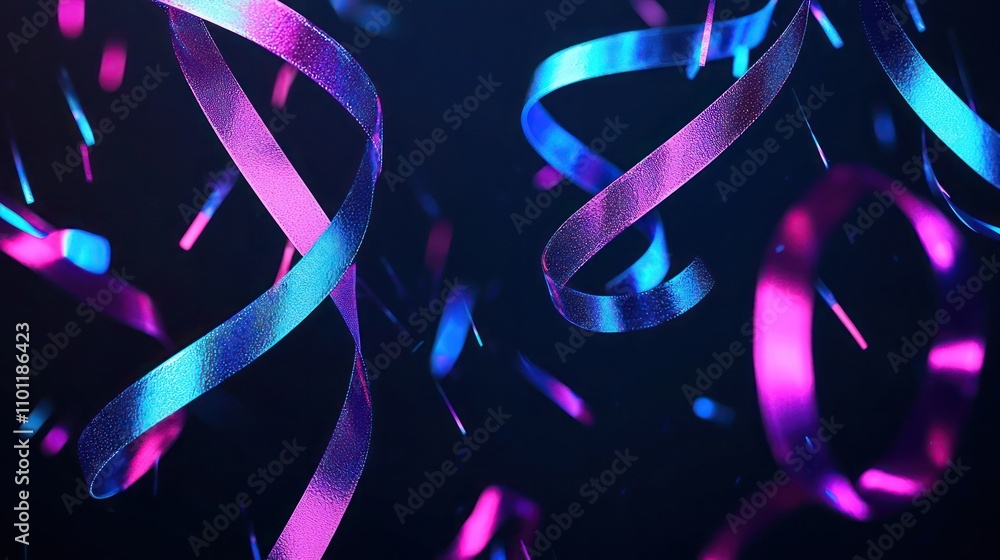 Poster chic new year design with intertwining, minimalistic streamers in neon blue and purple. the sharp li