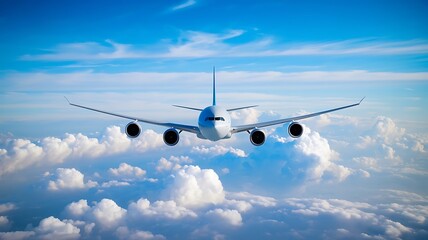 Obraz premium A cinematic medium shot of a flying airplane with a blank livery. The airplane is flying over a vast expanse of clouds. The background is a clear blue sky with a few scattered clouds. 