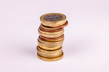 A Column of One Euro Coins on a Clean White Background