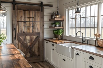 Modern farmhouse kitchen with sliding barn doors