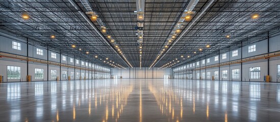 Spacious Modern Industrial Warehouse Interior with High Ceilings and Bright Overhead Lighting