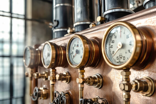 Intricate vintage pressure gauges on an industrial water supply system in a power plant showcasing real-time steam and water levels