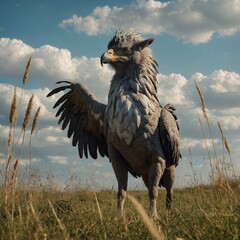 A hippogriff standing proudly in an open field.