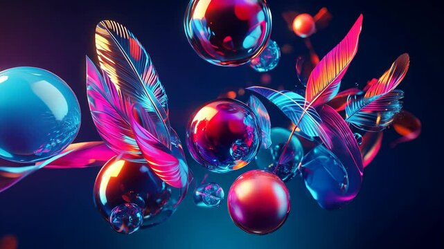 3D Animation of Colorful Feathers and Spheres Floating on a Dark Background