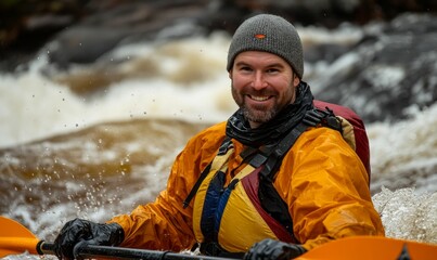 Smiling kayaker paddles whitewater rapids.