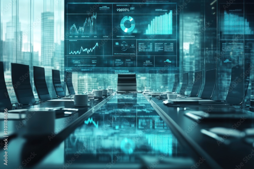 Poster modern conference room with digital displays showcasing data analytics and financial graphs.