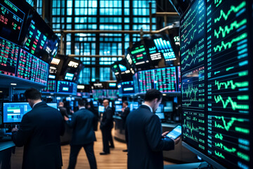 Alltag an der Wall Street mit volatilen Kursentwicklungen, Darstellung von Aktienmärkten auf großem Monitor im Parketthandel, Börsenhandel Kursverlauf und Kursschwankungen