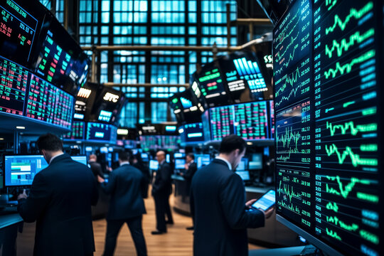 Alltag an der Wall Street mit volatilen Kursentwicklungen, Darstellung von Aktienm&auml;rkten auf gro&szlig;em Monitor im Parketthandel, B&ouml;rsenhandel Kursverlauf und Kursschwankungen