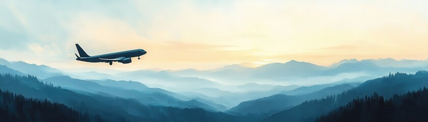 Fototapeta premium Airplane Soaring Above Misty Mountain Range at Sunrise with Soft Pastel Sky and Layers of Rolling Hills in Serene Landscape