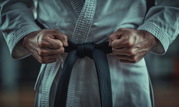 Person tying black belt, martial arts uniform.