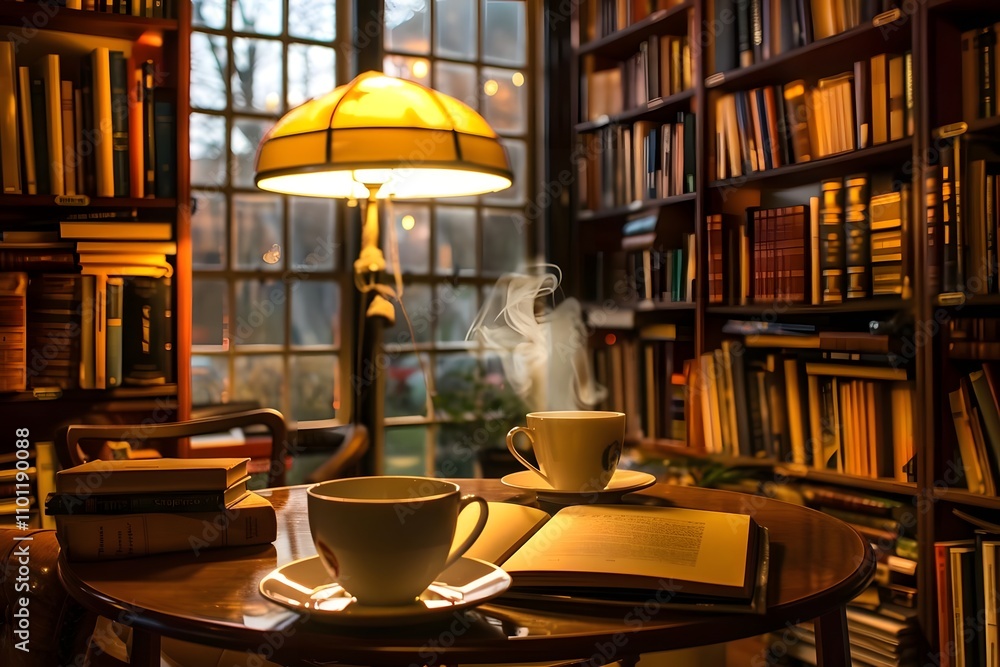 Poster cozy library scene with steaming cups and open book, inviting relaxation and reading.