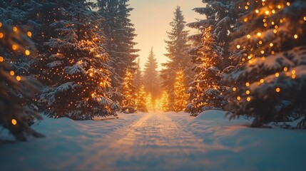 Magical Winter Forest Path Snow Christmas Lights Festive Season