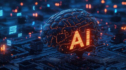 ai textured brain with glowing 'Ai' letters on it, connected to data base below it, chat bubbles with text floating around ai brain, blackish blue tints, hyper realistic