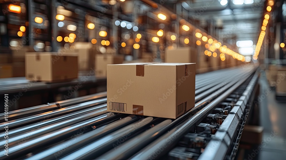 Poster boxes moving on the conveyor belt rendering
