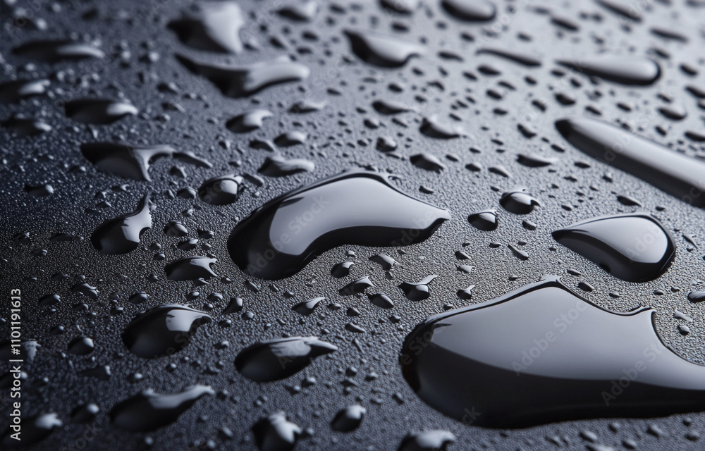 Poster close-up of water droplets on a dark surface showcasing reflection and texture during a rainy day