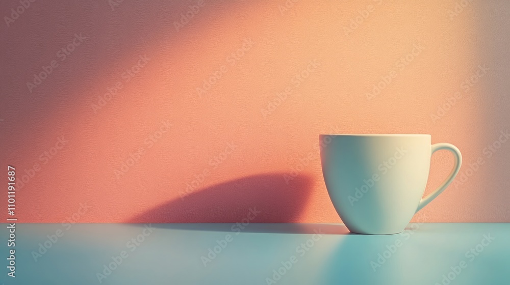 Poster a minimalist cup on a colorful surface, casting a soft shadow in a serene setting.