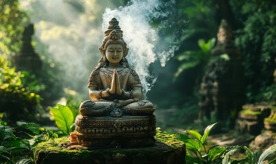 Obraz premium Serene Buddha statue, incense smoke, lush green foliage.